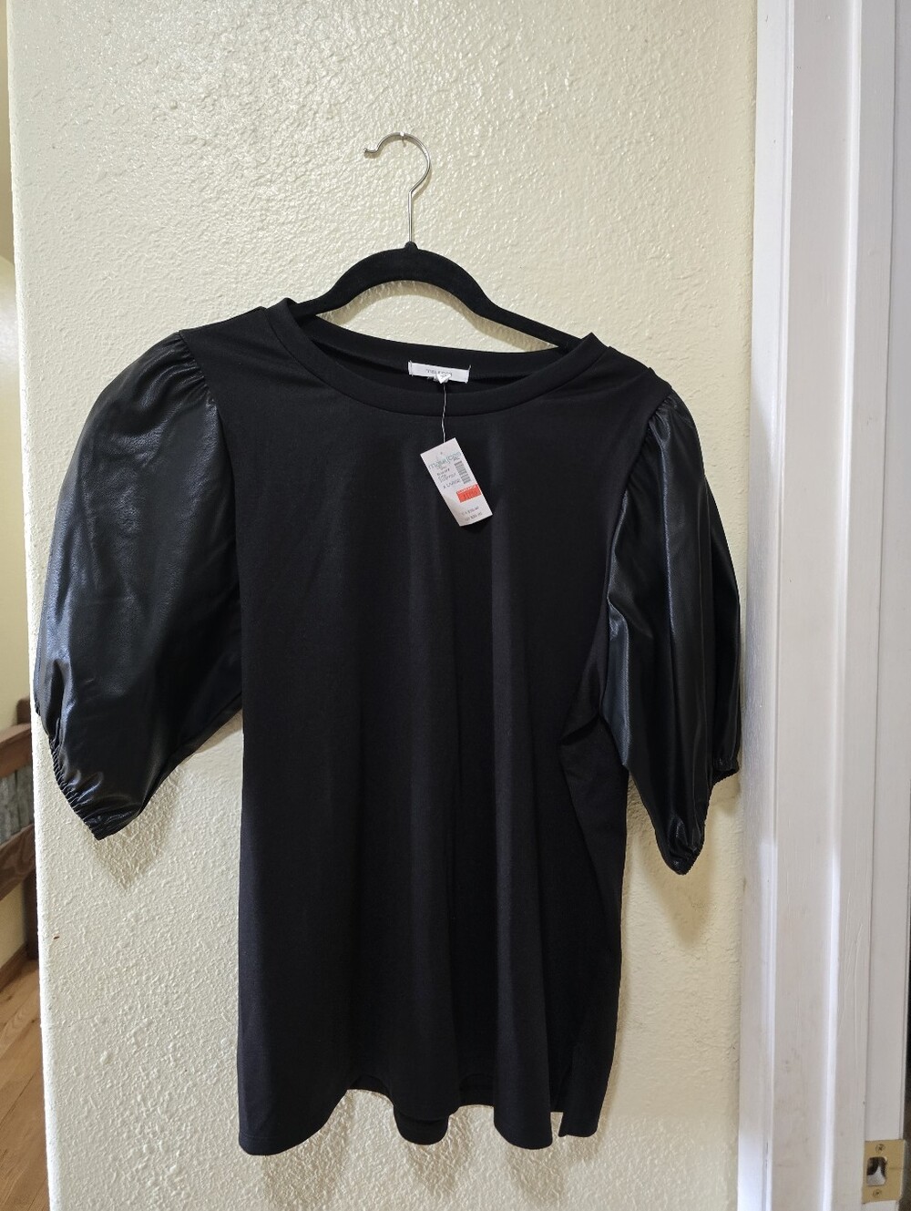 Maurices Black Puff Sleeve Top with Faux Leather Sleeves